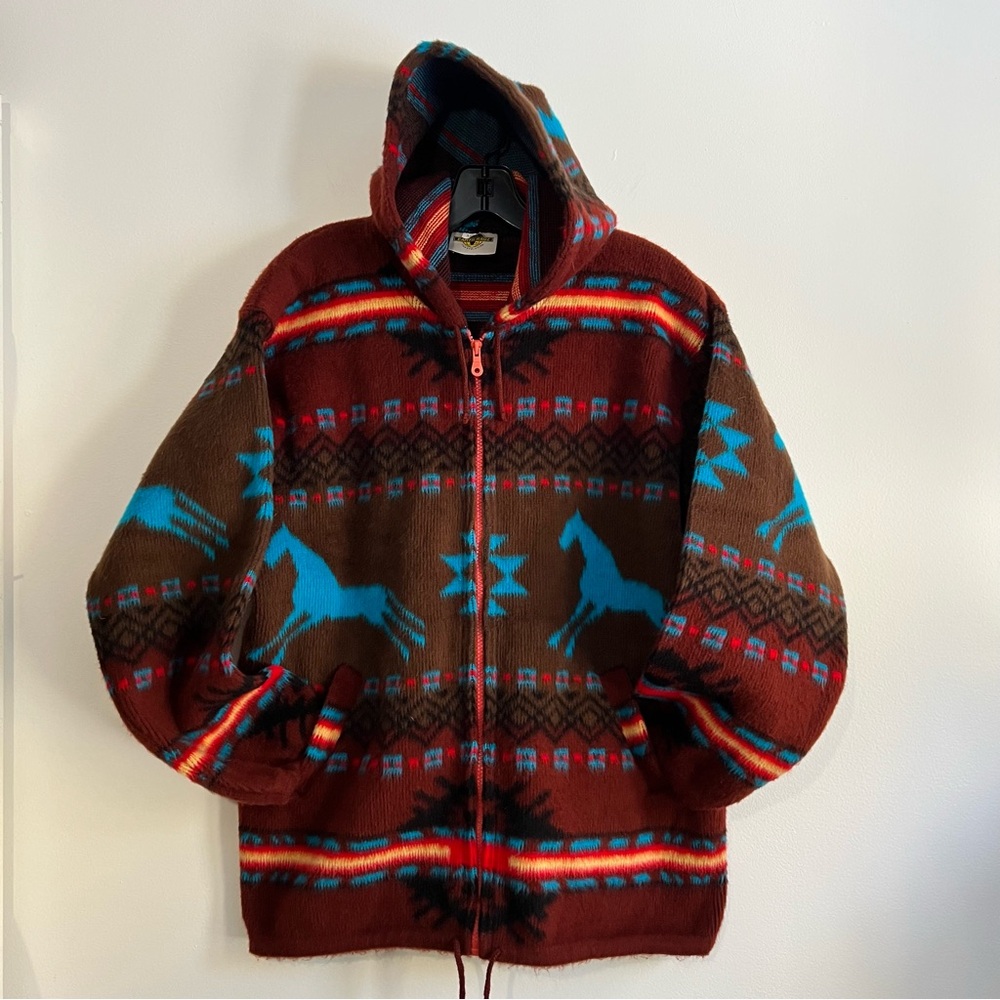 Earth Ragz Zip Alpaca Style Jacket Aztec Native Horse Wool Jacket with Hood Med